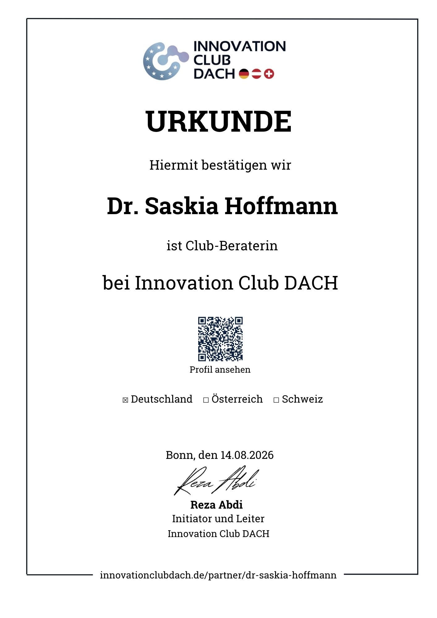 Urkunde: Dr. Saskia Hoffmann ist Club-Beraterin bei Innovation Club DACH, Sektor Deutschland
