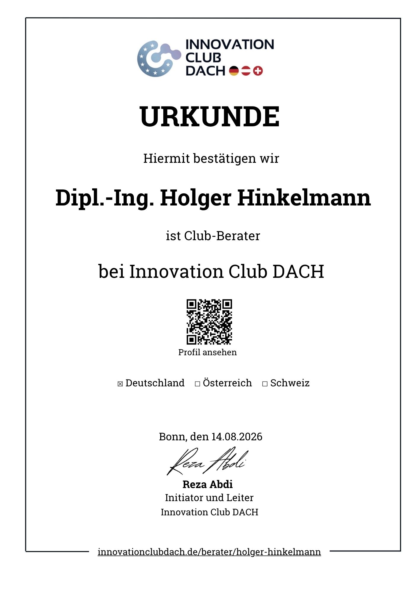 Urkunde: Dipl.-Ing. Holger Hinkelmann ist Club-Berater bei Innovation Club DACH, Sektor Deutschland